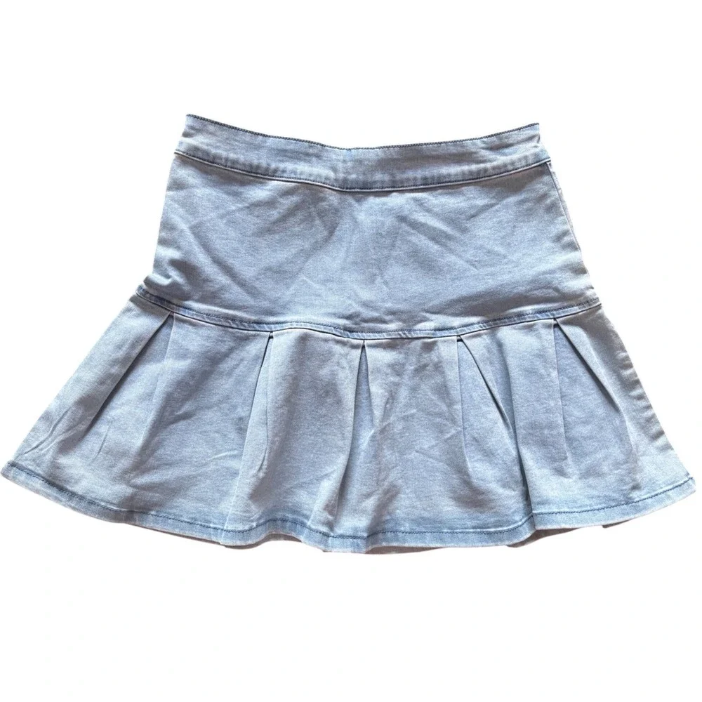 Forever 21 Skirt Womens Medium Light Blue Denim Pleated Mini Zip Skirt Y2K